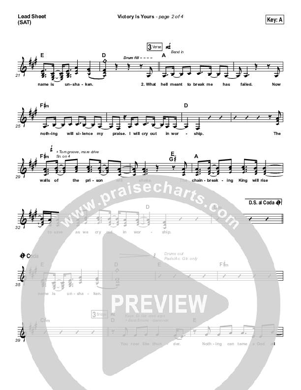 Victory Is Yours (Choral Anthem SATB) Lead Sheet (SAT) (Bethel Music / Bethany Wohrle / Arr. Luke Gambill)