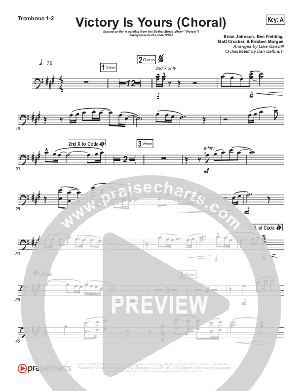 Victory Is Yours (Choral Anthem SATB) Trombone 1/2 (Bethel Music / Bethany Wohrle / Arr. Luke Gambill)