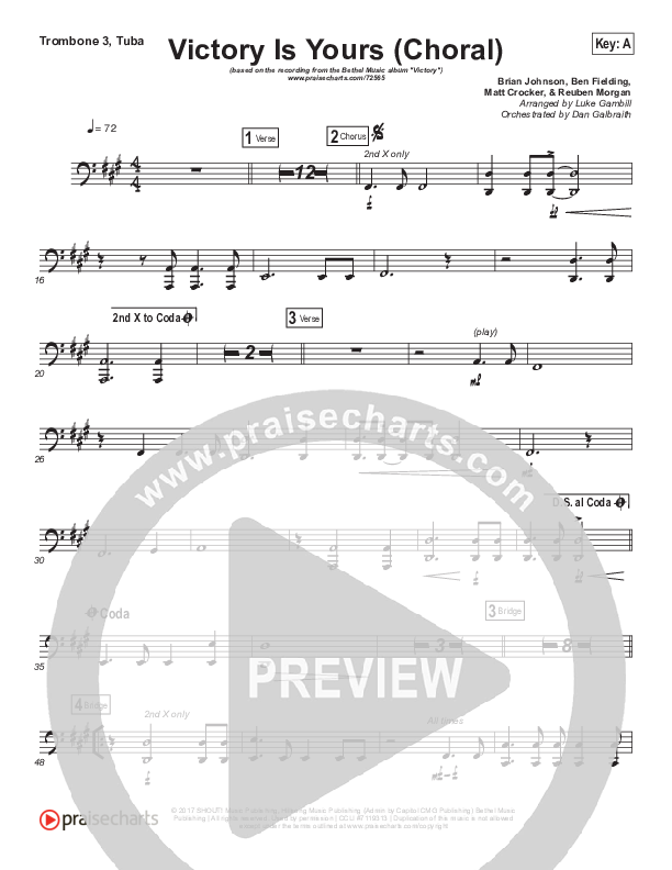 Victory Is Yours (Choral Anthem SATB) Trombone 3/Tuba (Bethel Music / Bethany Wohrle / Arr. Luke Gambill)
