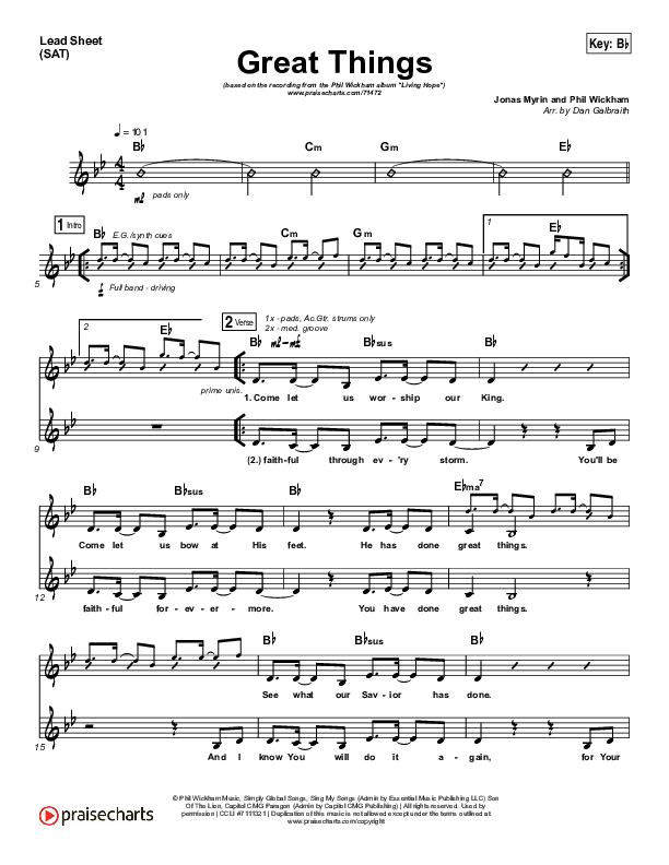 Great Things (Choral Anthem SATB) Lead Sheet (SAT) (Phil Wickham / Arr. Luke Gambill)