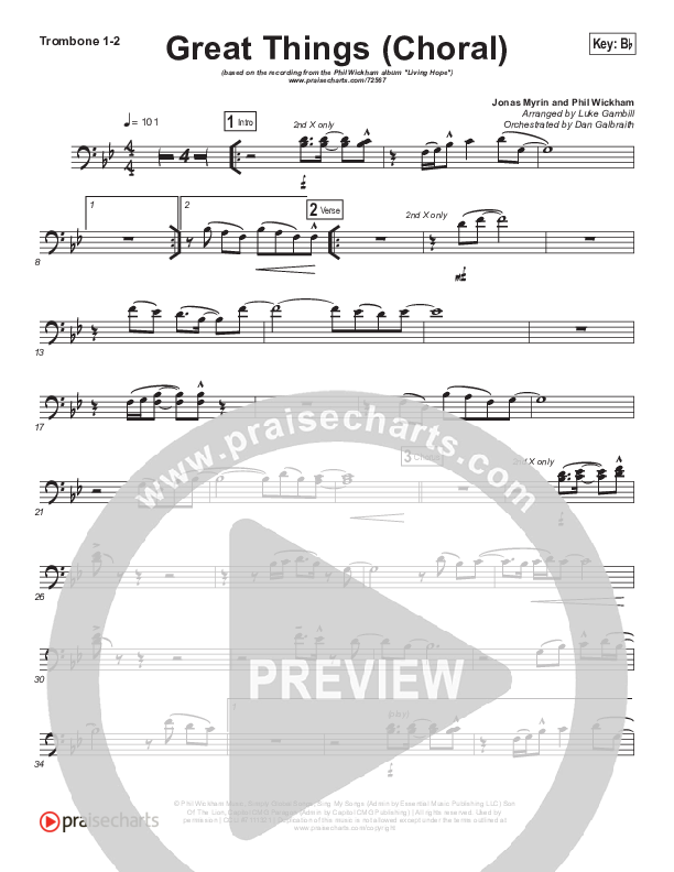 Great Things (Choral Anthem SATB) Trombone 1/2 (Phil Wickham / Arr. Luke Gambill)