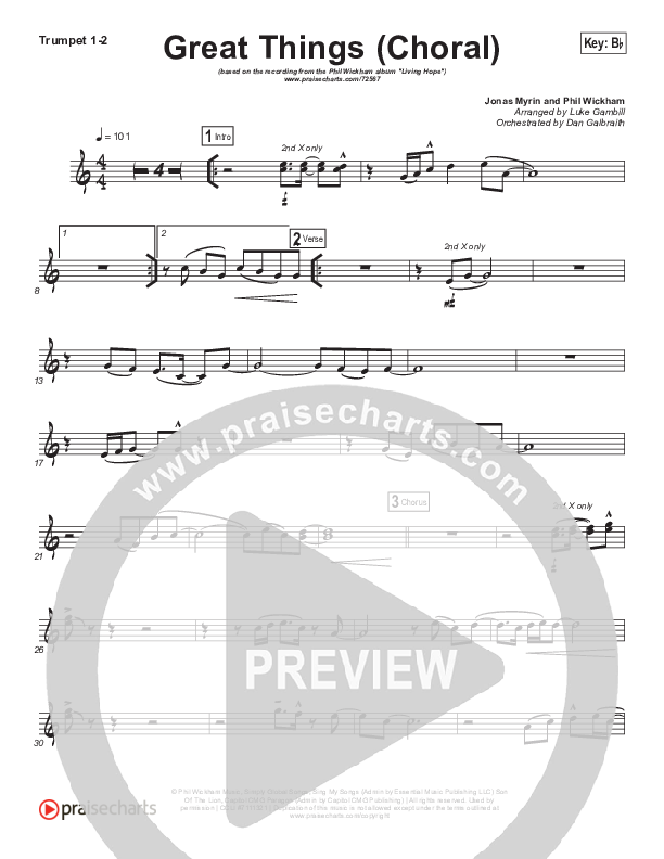 Great Things (Choral Anthem SATB) Trumpet 1,2 (Phil Wickham / Arr. Luke Gambill)