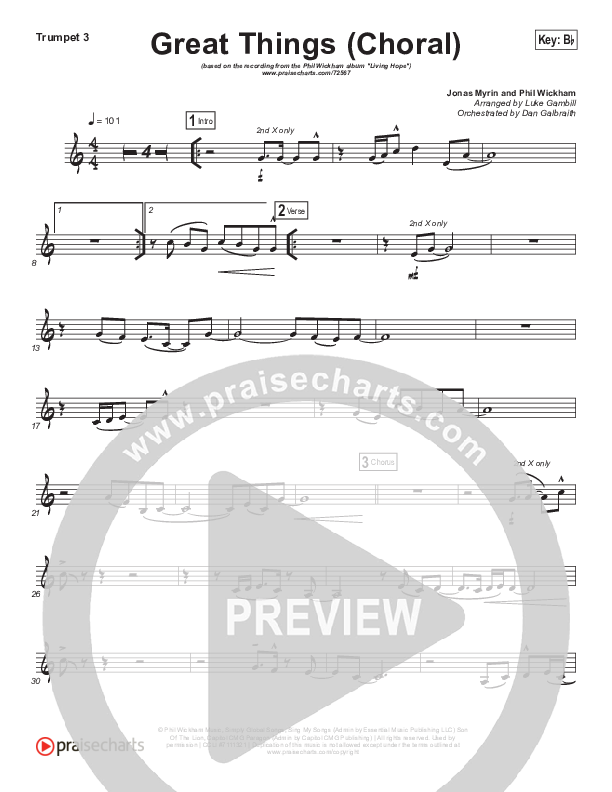 Great Things (Choral Anthem SATB) Trumpet 3 (Phil Wickham / Arr. Luke Gambill)
