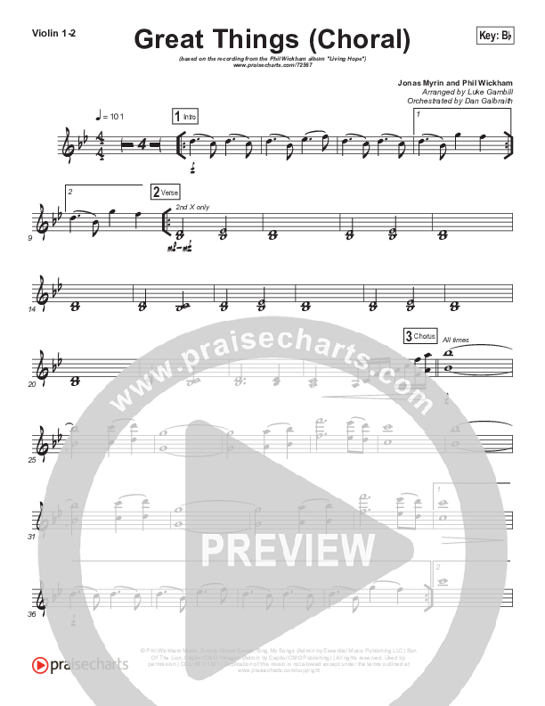 Great Things (Choral Anthem SATB) Violin 1/2 (Phil Wickham / Arr. Luke Gambill)