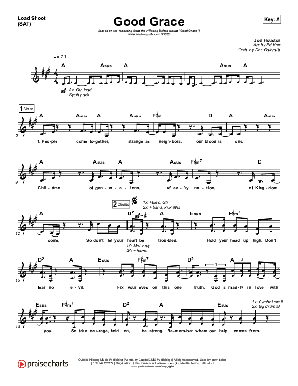 Good Grace (Choral Anthem SATB) Lead Sheet (SAT) (Hillsong UNITED / Joel Houston / Arr. Luke Gambill)