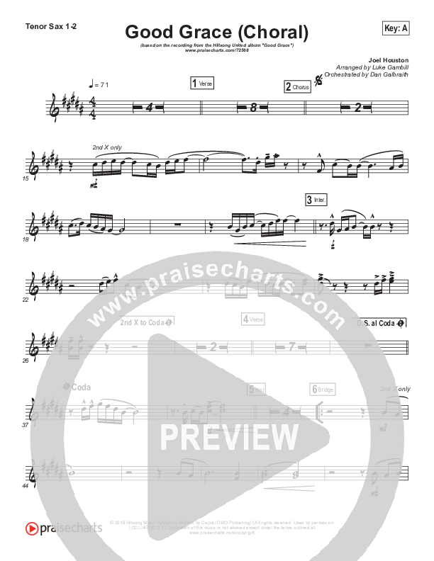 Good Grace (Choral Anthem SATB) Tenor Sax 1/2 (Hillsong UNITED / Joel Houston / Arr. Luke Gambill)
