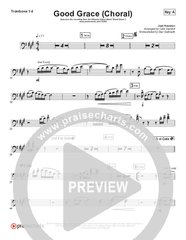 Good Grace (Choral Anthem SATB) Trombone 1/2 (Hillsong UNITED / Joel Houston / Arr. Luke Gambill)