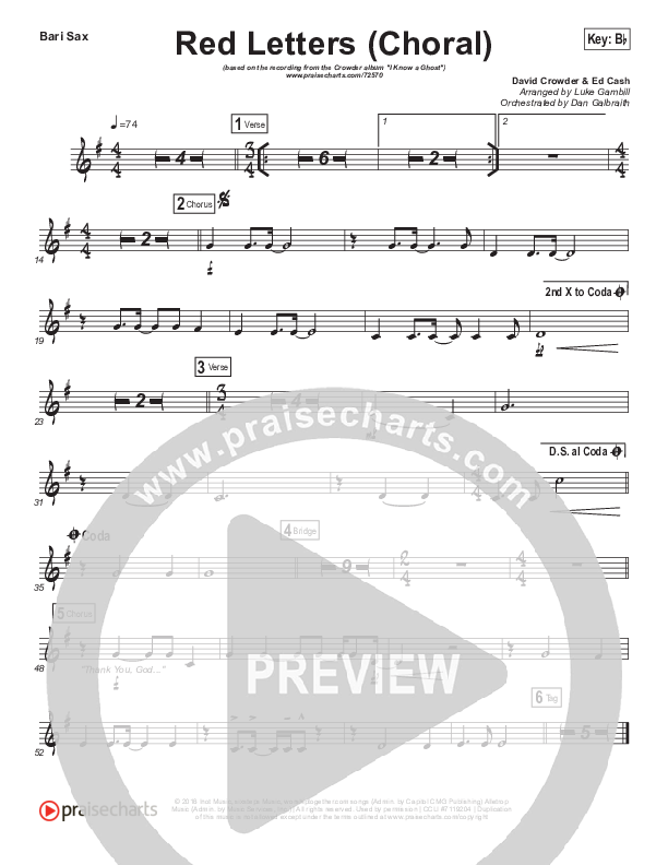 Red Letters (Choral Anthem SATB) Bari Sax (Crowder / Arr. Luke Gambill)