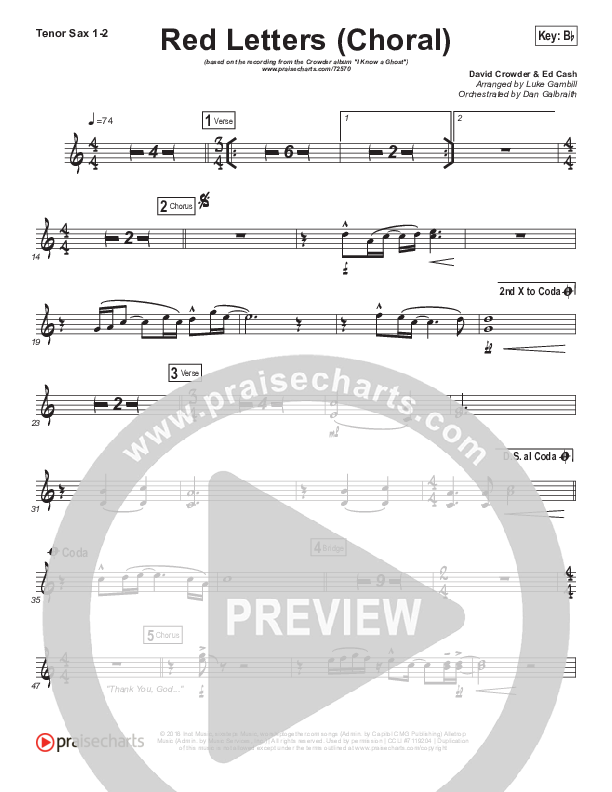 Red Letters (Choral Anthem SATB) Tenor Sax 1/2 (Crowder / Arr. Luke Gambill)
