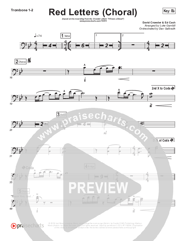 Red Letters (Choral Anthem SATB) Trombone 1/2 (Crowder / Arr. Luke Gambill)