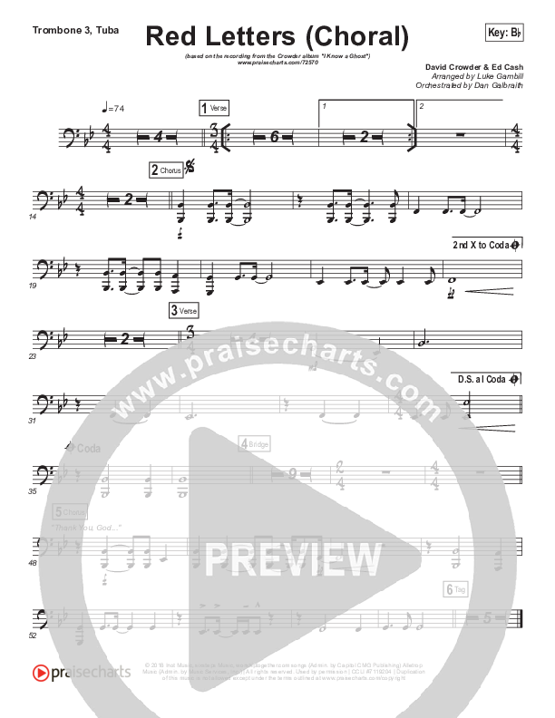 Red Letters (Choral Anthem SATB) Trombone 3/Tuba (Crowder / Arr. Luke Gambill)