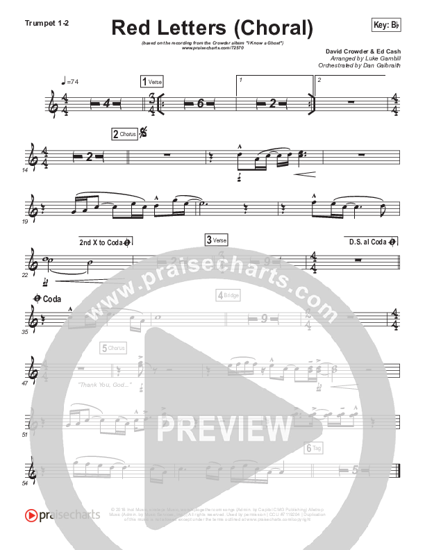 Red Letters (Choral Anthem SATB) Trumpet 1,2 (Crowder / Arr. Luke Gambill)