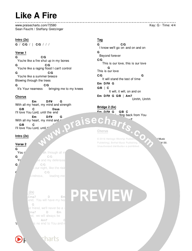 Like A Fire Chords & Lyrics (Sean Feucht / Steffany Gretzinger)
