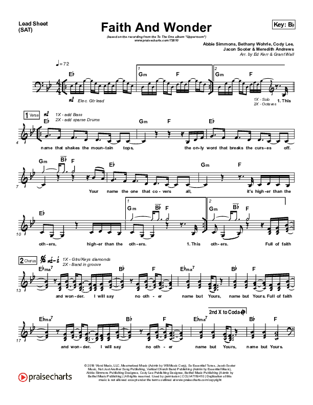 Faith And Wonder Lead Sheet (SAT) (UPPERROOM / Cody Rae Lee / Meredith Andrews / Abbie Simmons)