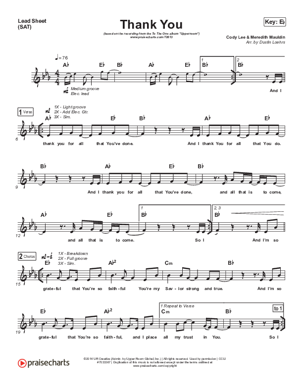 Thank You Song Lead Sheet (SAT) (UPPERROOM / Meredith Mauldin)