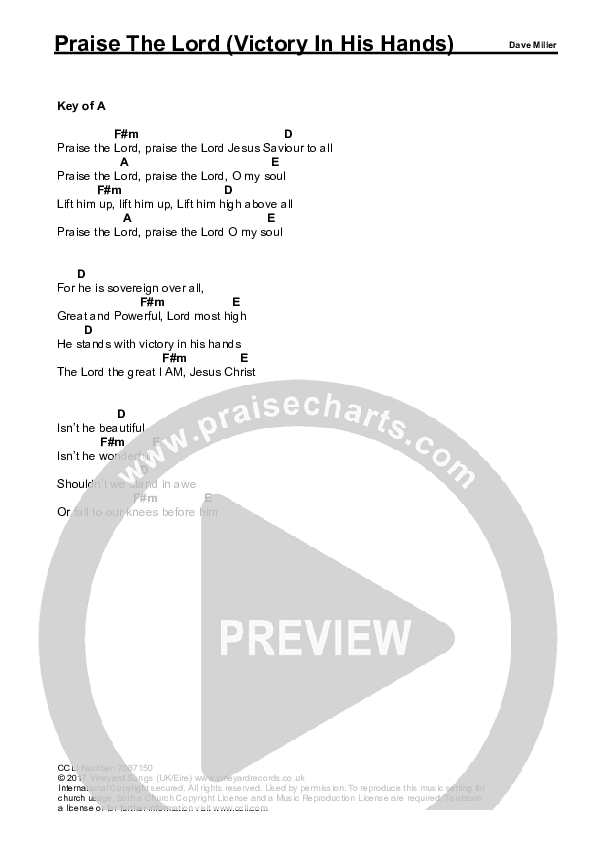 Praise The Lord (Victory In His Hands) Chords & Lyrics (Dave Miller)