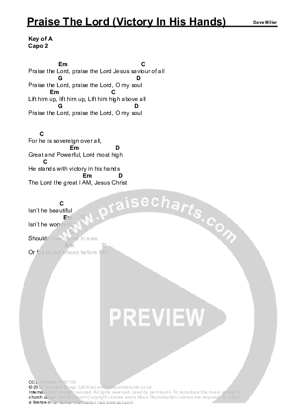 Praise The Lord (Victory In His Hands) Chords & Lyrics (Dave Miller)