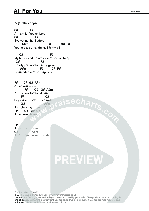 All For You Chords & Lyrics (Dave Miller)