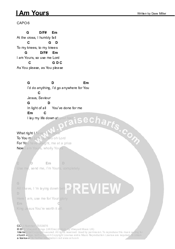 I Am Yours Chords & Lyrics (Dave Miller)