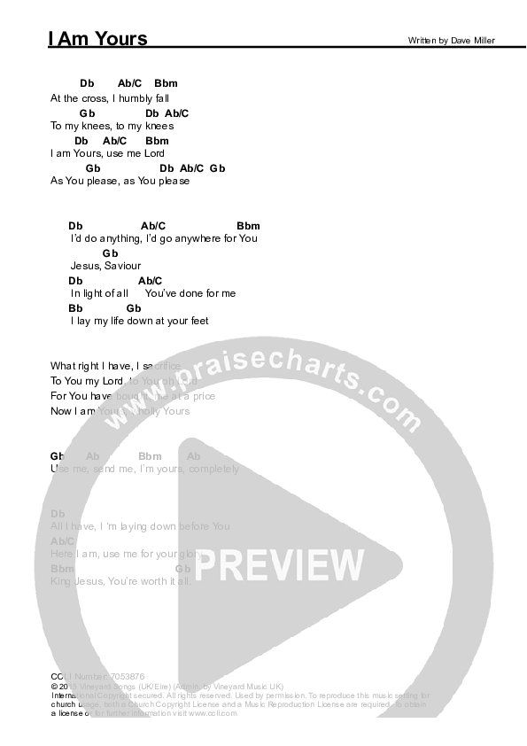 I Am Yours Chords & Lyrics (Dave Miller)