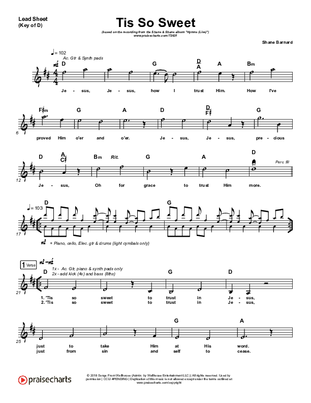 Tis So Sweet To Trust In Jesus (Live) Lead Sheet (Melody) (Shane & Shane)