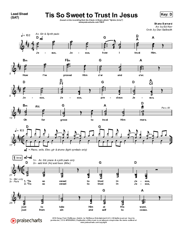 Tis So Sweet To Trust In Jesus (Live) Lead Sheet (SAT) (Shane & Shane)