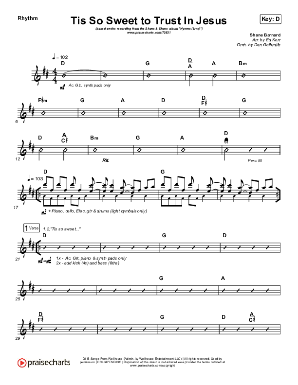 Tis So Sweet To Trust In Jesus (Live) Rhythm Chart (Shane & Shane)