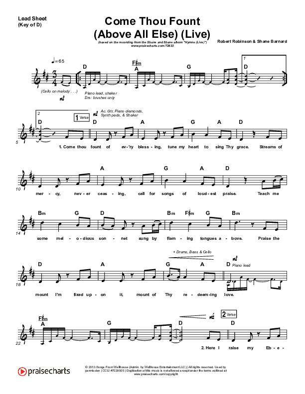 Come Thou Fount (Above All Else) (Live) Lead Sheet (Melody) (Shane & Shane)