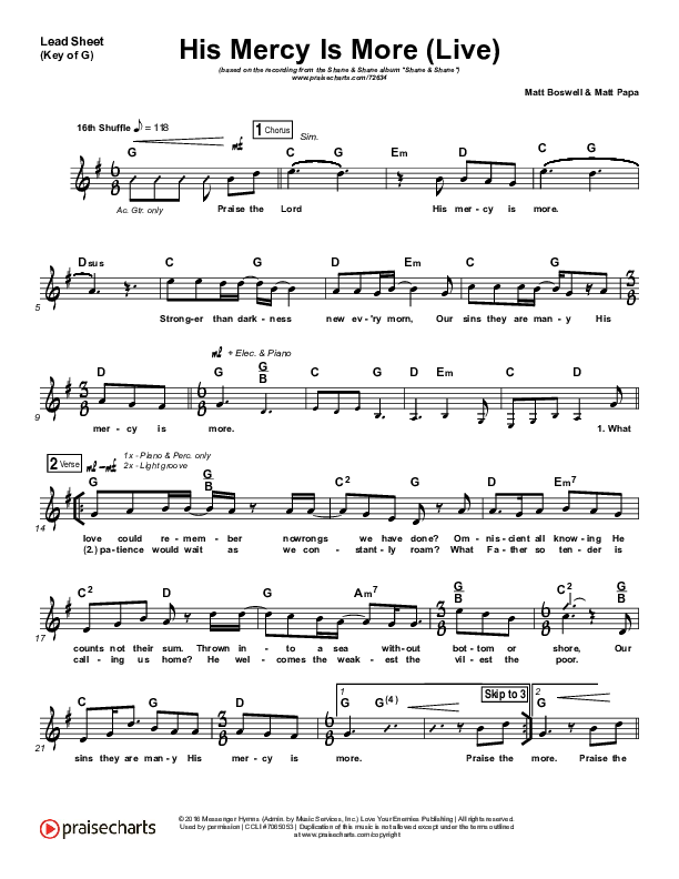 His Mercy Is More (Live) Lead Sheet (Melody) (Shane & Shane)