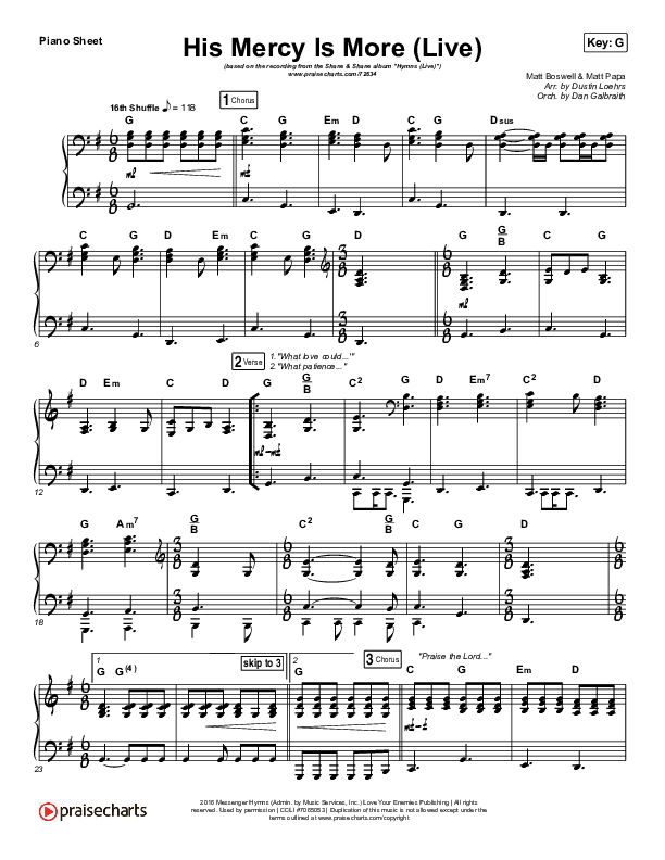 His Mercy Is More (Live) Piano Sheet (Shane & Shane)
