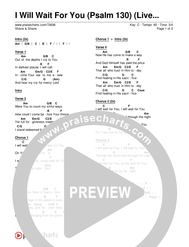 I Will Wait For You Psalm 130 Live Chords Pdf Shane Shane Praisecharts