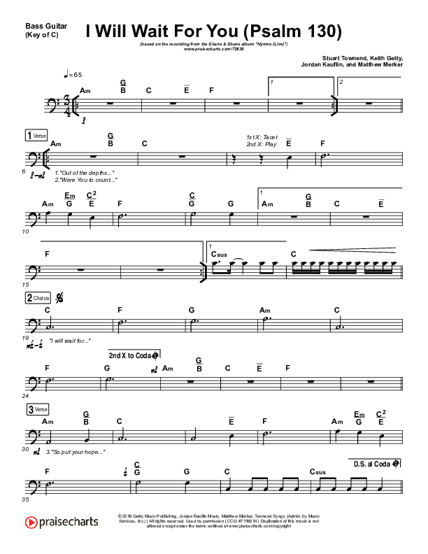 I Will Wait For You (Psalm 130) (Live) Bass Guitar (Shane & Shane)