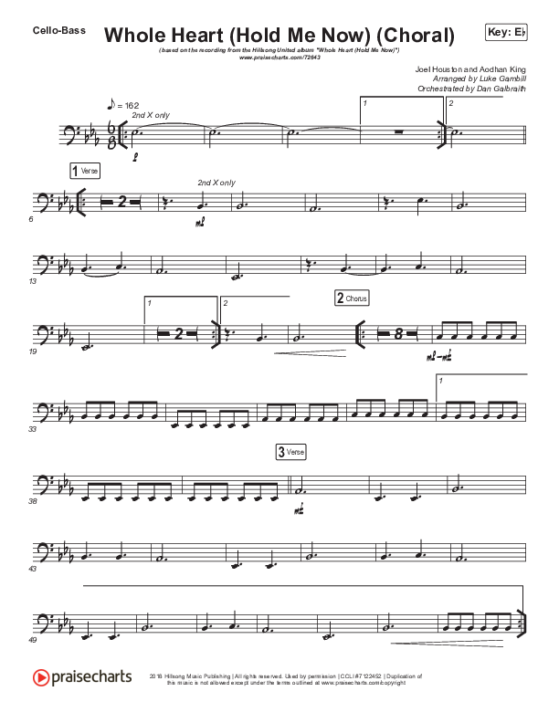 Whole Heart (Hold Me Now) (Choral Anthem SATB) Cello/Bass (Hillsong UNITED / Arr. Luke Gambill)