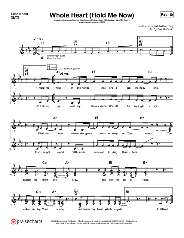 Whole Heart (Hold Me Now) (Choral Anthem SATB) Lead Sheet (SAT) (Hillsong UNITED / Arr. Luke Gambill)