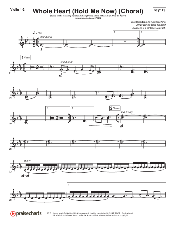 Whole Heart (Hold Me Now) (Choral Anthem SATB) Violin 1/2 (Hillsong UNITED / Arr. Luke Gambill)
