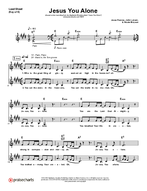 Jesus You Alone Lead Sheet (Melody) (Highlands Worship)