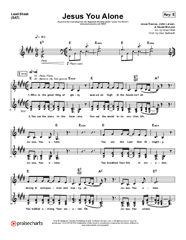 Jesus You Alone Lead Sheet (SAT) (Highlands Worship)