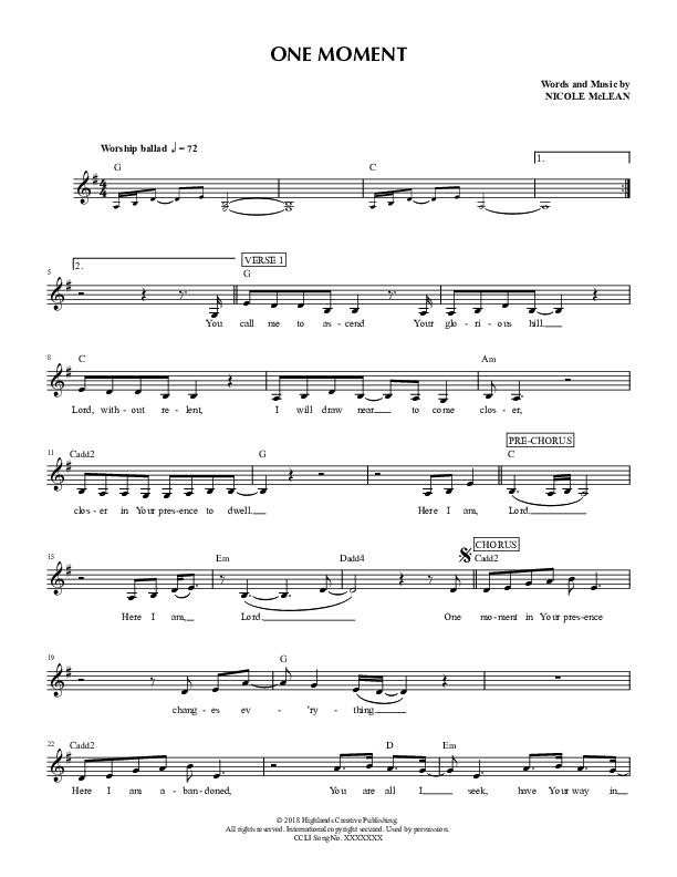 One Moment Lead Sheet (Highlands Worship)
