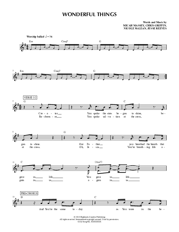 Wonderful Things Lead Sheet (Highlands Worship)