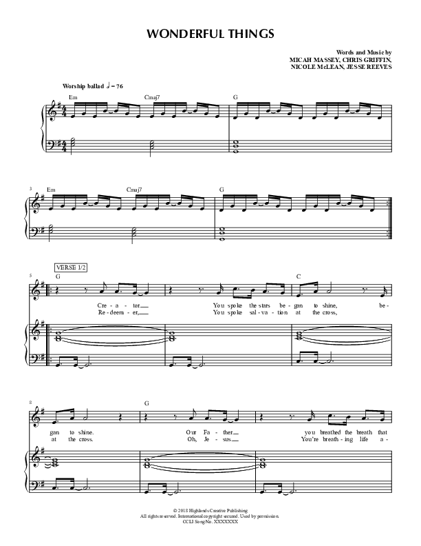 Wonderful Things Piano/Vocal (Highlands Worship)