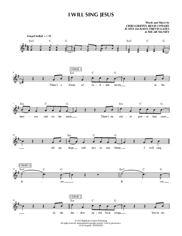 I Will Sing Jesus Lead Sheet (Highlands Worship)