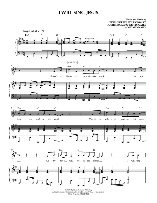 I Will Sing Jesus Lead & Piano (Highlands Worship)