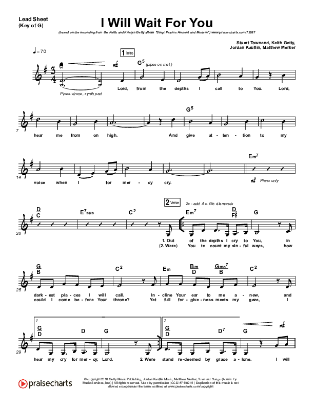 I Will Wait For You (Psalm 130) Lead Sheet (Melody) (Keith & Kristyn Getty)