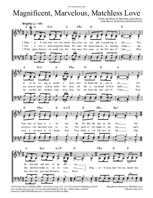 Magnificent Marvelous Matchless Love Choir Sheet (SATB) (Keith & Kristyn Getty)