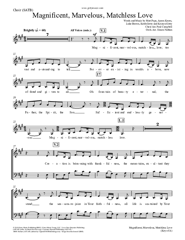 Magnificent Marvelous Matchless Love Choir Vocals (SATB) (Keith & Kristyn Getty)