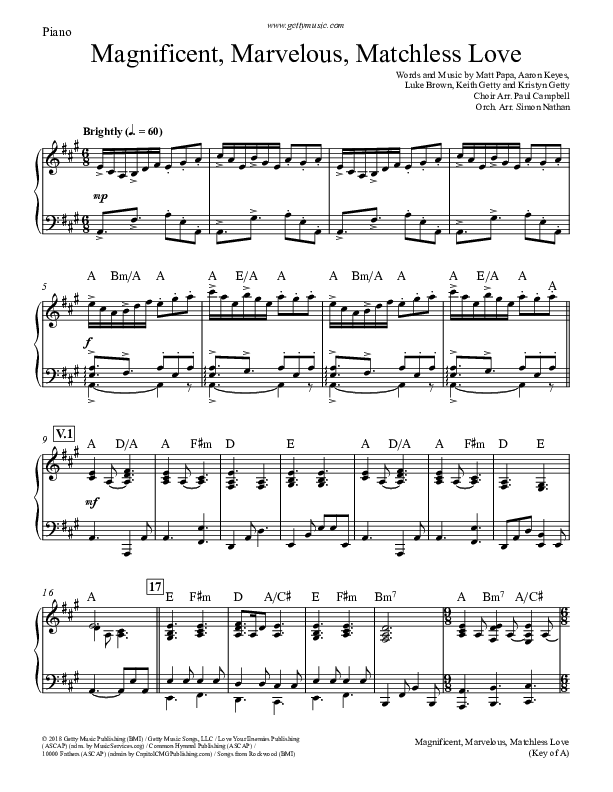 Magnificent Marvelous Matchless Love Piano Sheet (Keith & Kristyn Getty)