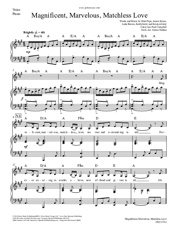 Magnificent Marvelous Matchless Love Piano/Vocal (Keith & Kristyn Getty)