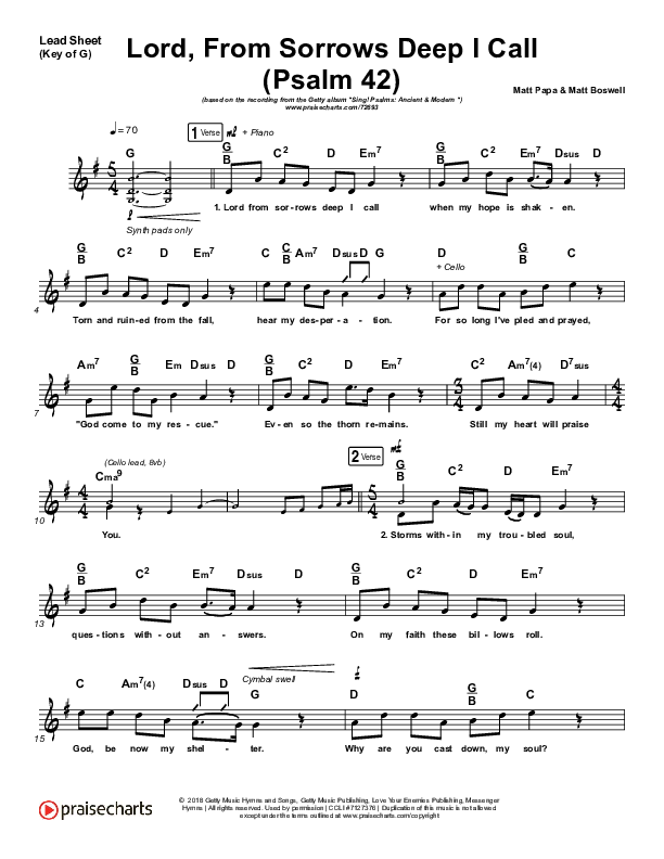 Lord From Sorrows Deep I Call (Psalm 42) Lead Sheet (Melody) (Keith & Kristyn Getty)