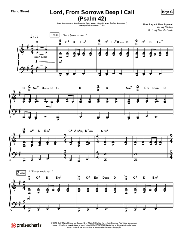 Lord From Sorrows Deep I Call (Psalm 42) Piano Sheet (Keith & Kristyn Getty)