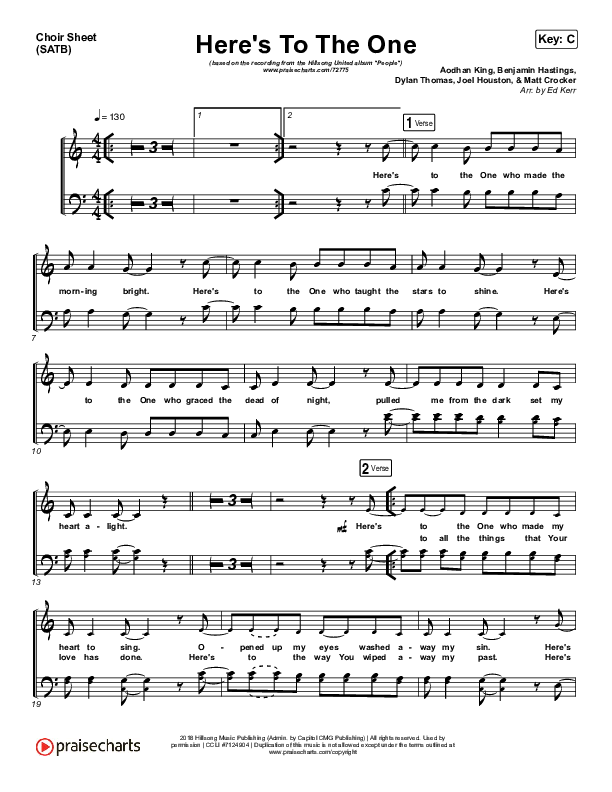 Here's To The One Choir Sheet (SATB) (Hillsong UNITED)